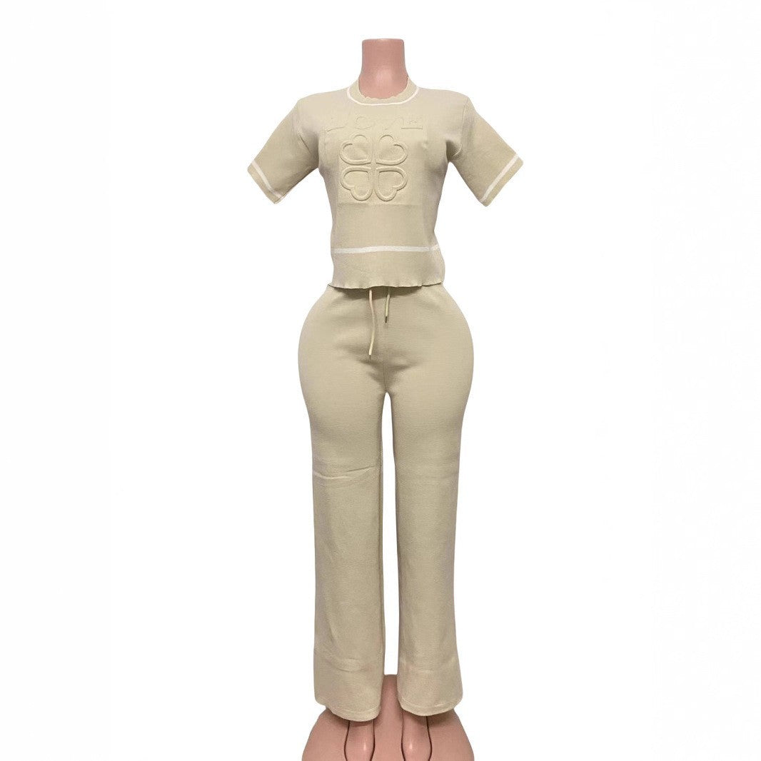 Spring/Summer Casual Knit Set Letter & Heart Print Short-Sleeve Top + High-Waist Pants 7