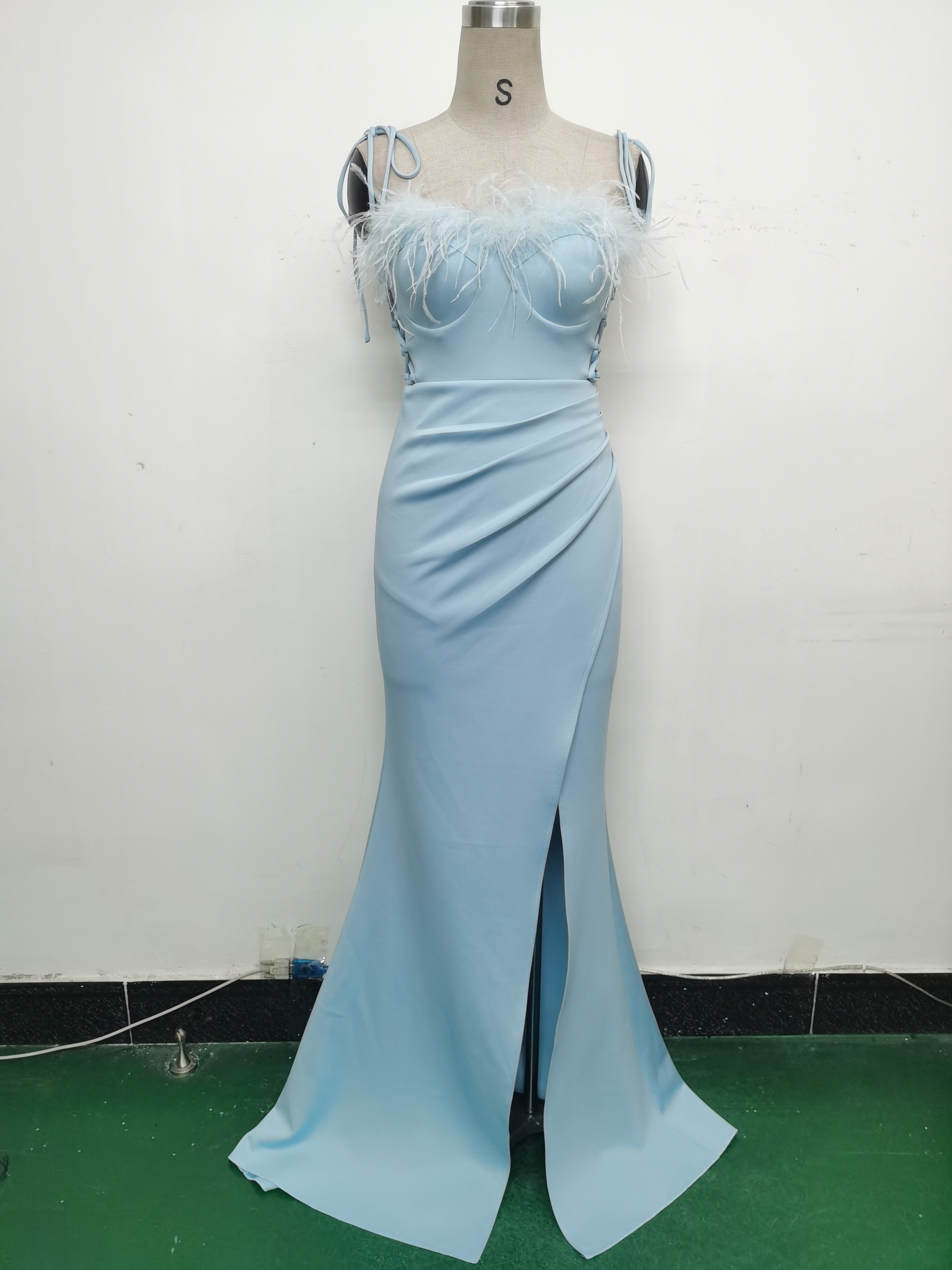 Feather Strap Slim Waist Solid Color Slit Evening Dress 18
