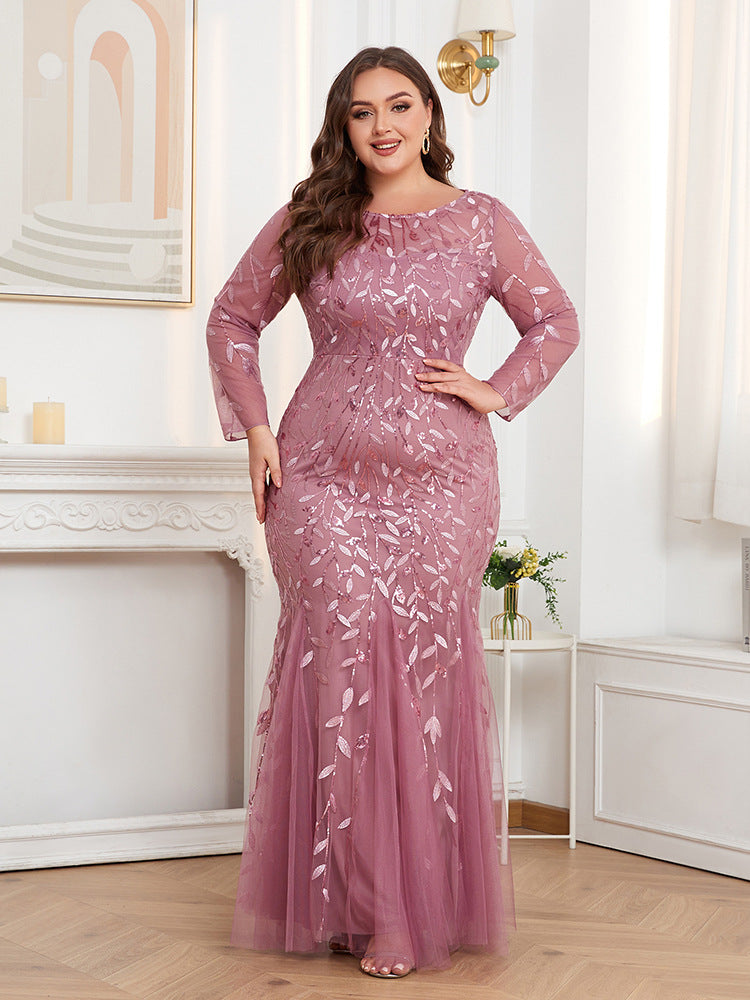 Plus Size Women Long Sleeve Round Neck Zipper Fishtail Embroidery Evening Dress 5