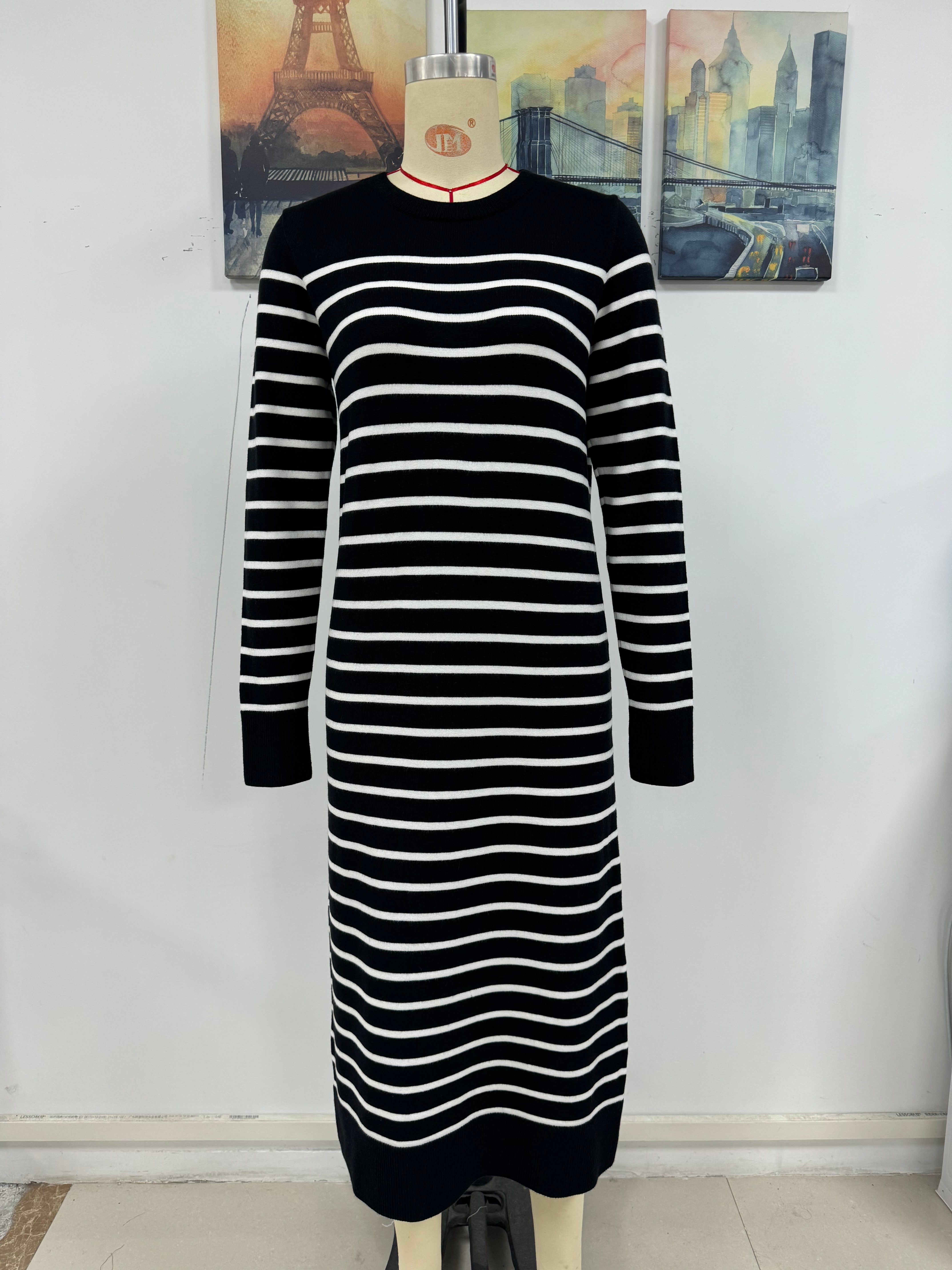 Fashion Autumn Winter Women Knitting Striped Casual Long Dress 8