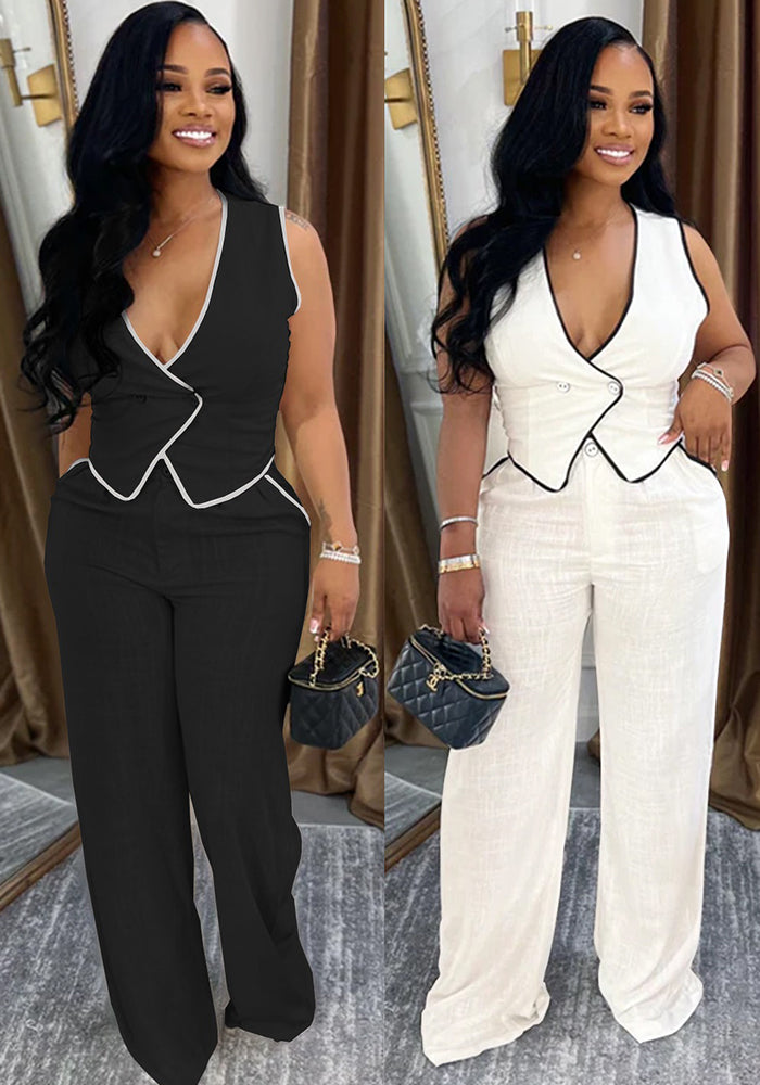 Women casual v-neck button top and trousers two-piece suit
