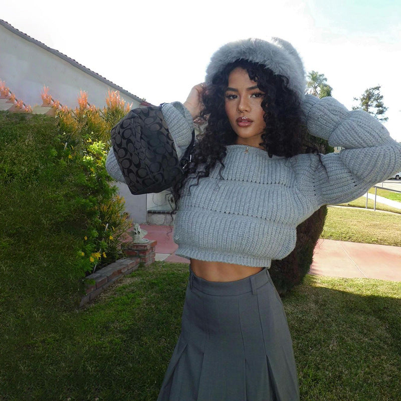 Women autumn and winter knitting Casual long-sleeved Crop sweater 5