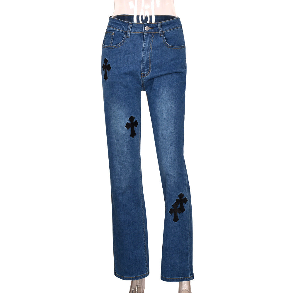 Sexy Low Rise Denim Embroidered Cutout Style Stretch Tight Fitting Pants 10