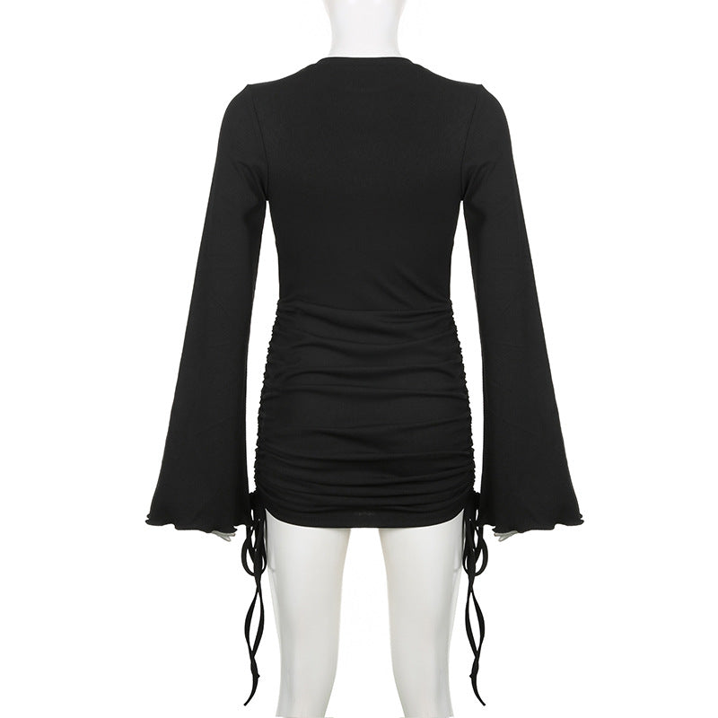 Autumn Round Neck Bell Bottom Long-Sleeved Drawstring Elegant Knitting Dress 10