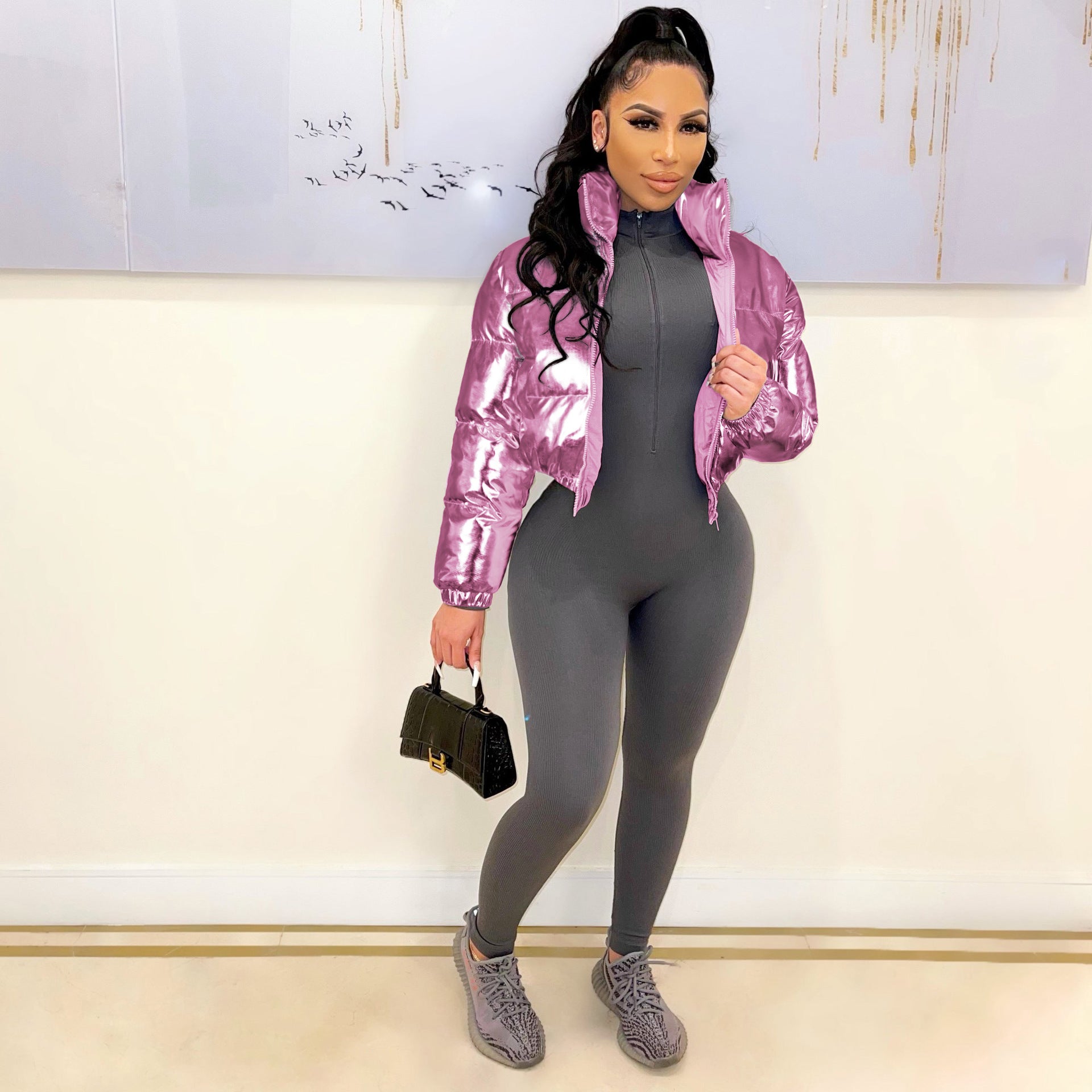 Autumn And Winter Women'S Fashion Shiny Trendy Cotton Padded Coat Clothing Casual Short Jacket