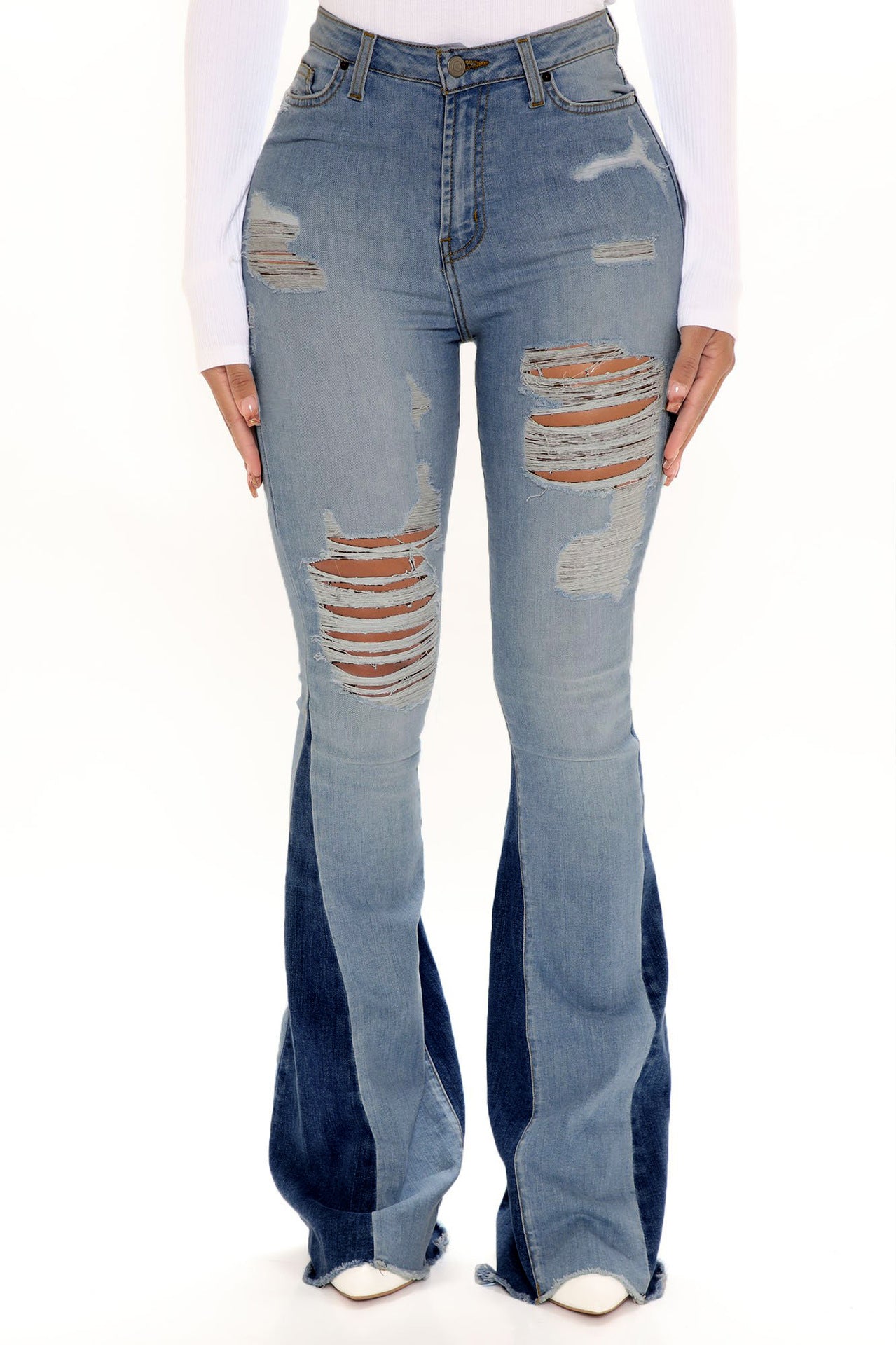 Women Casual Ripped Washed Bell Bottom Denim Pants