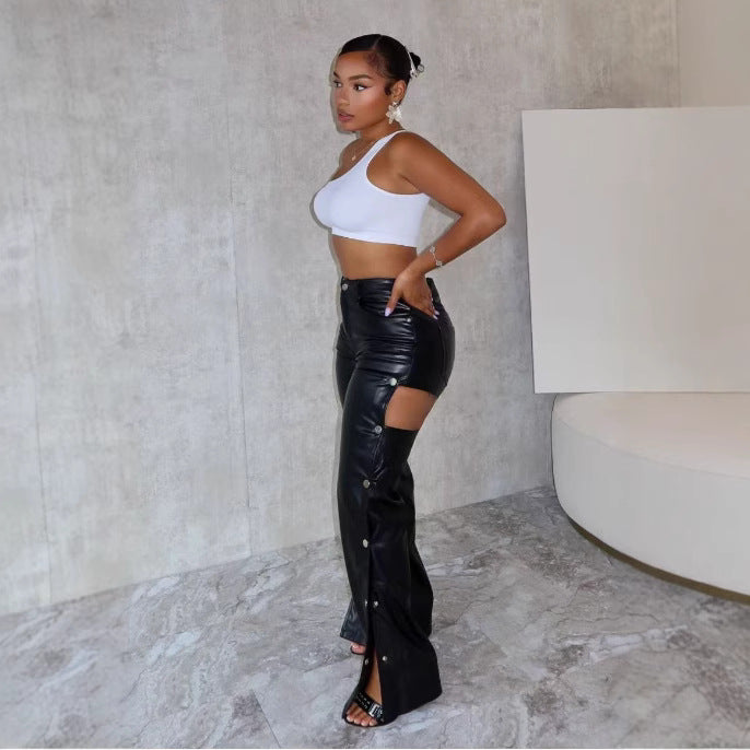 Autumn And Winter Fashion Sexy High Waist Slim Fit Straight Casual Leather Pants 3