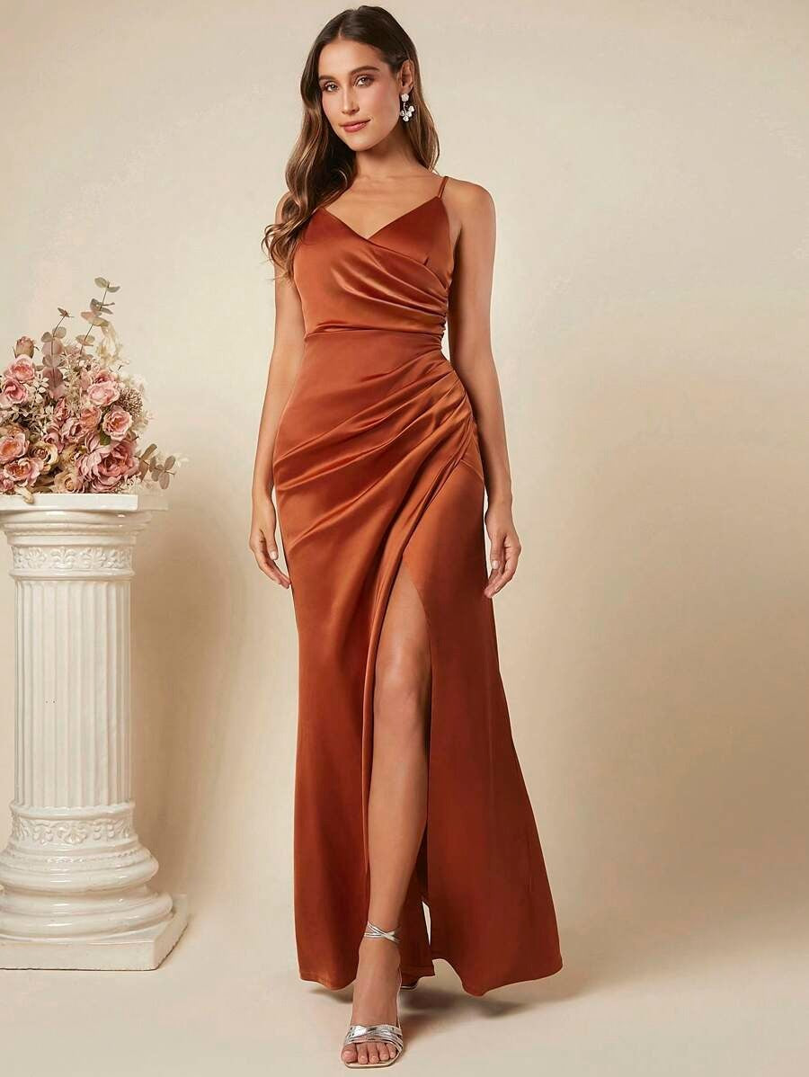 Women's Spring Summer Strap Satin Dress Sexy Pleated Bridesmaid Dress 16
