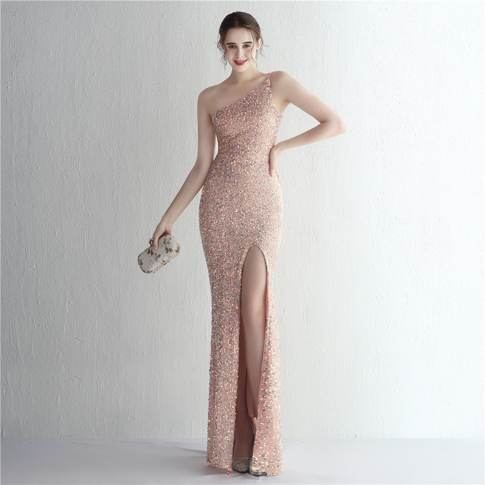 Women Sequined One Shoulder Strap Formal Party Slit Mermaid Evening Dress 4