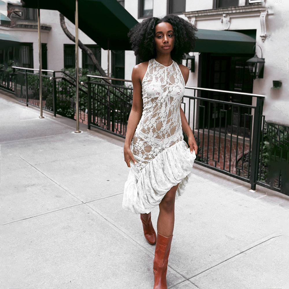 Women Summer Lace Irregular See-Through Sexy Slit Dress