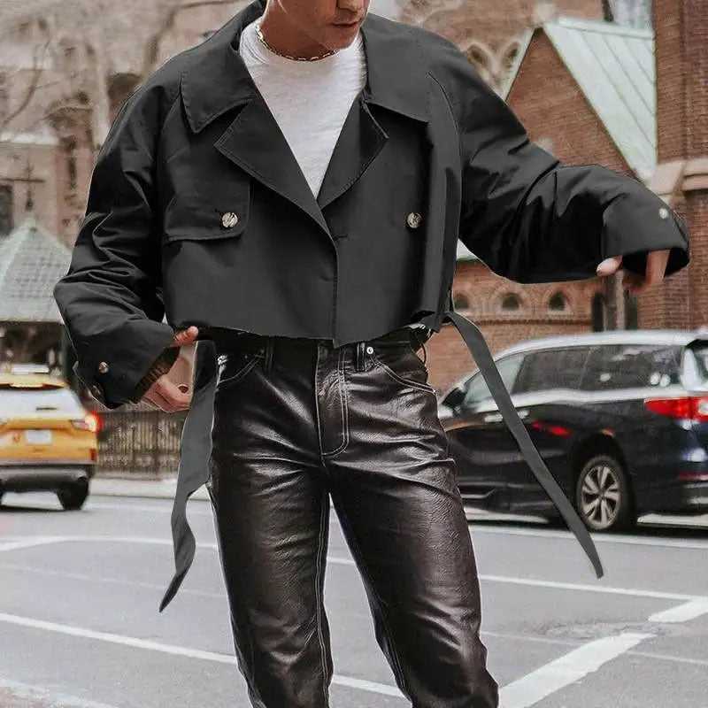 Fashionable Loose Jacket Belt For Men In Autumn Turndown Collar Cargo Short Windbreaker Jacket 5