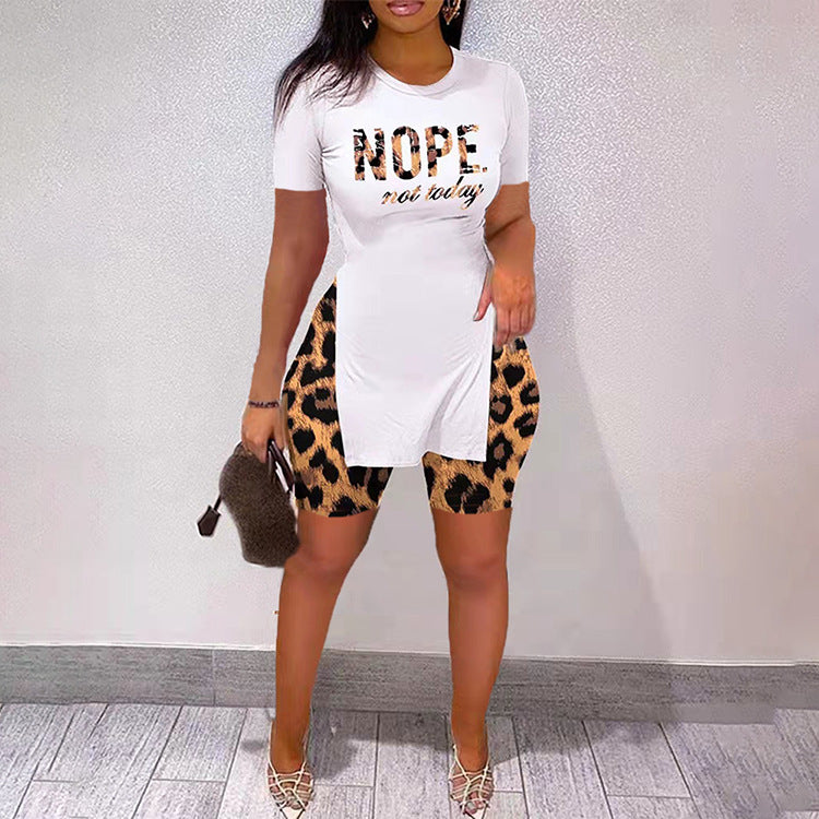 Women Letter Print Slit Short Sleeve Top + Shorts Two-Piece Set 20