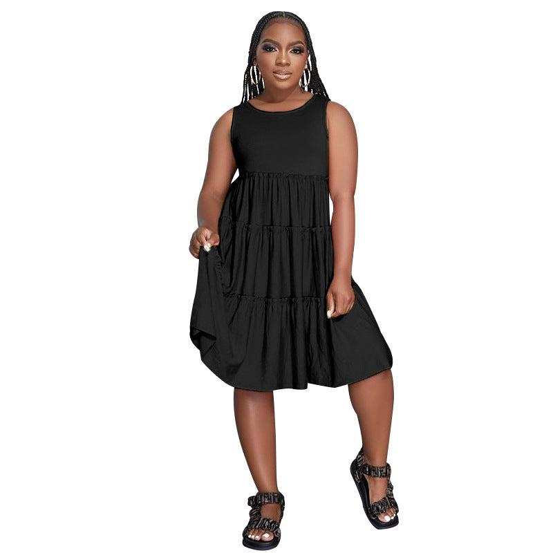 Summer Solid Round Neck Sleeveless Casual Women's Fashion Pleated Casual Dress 11