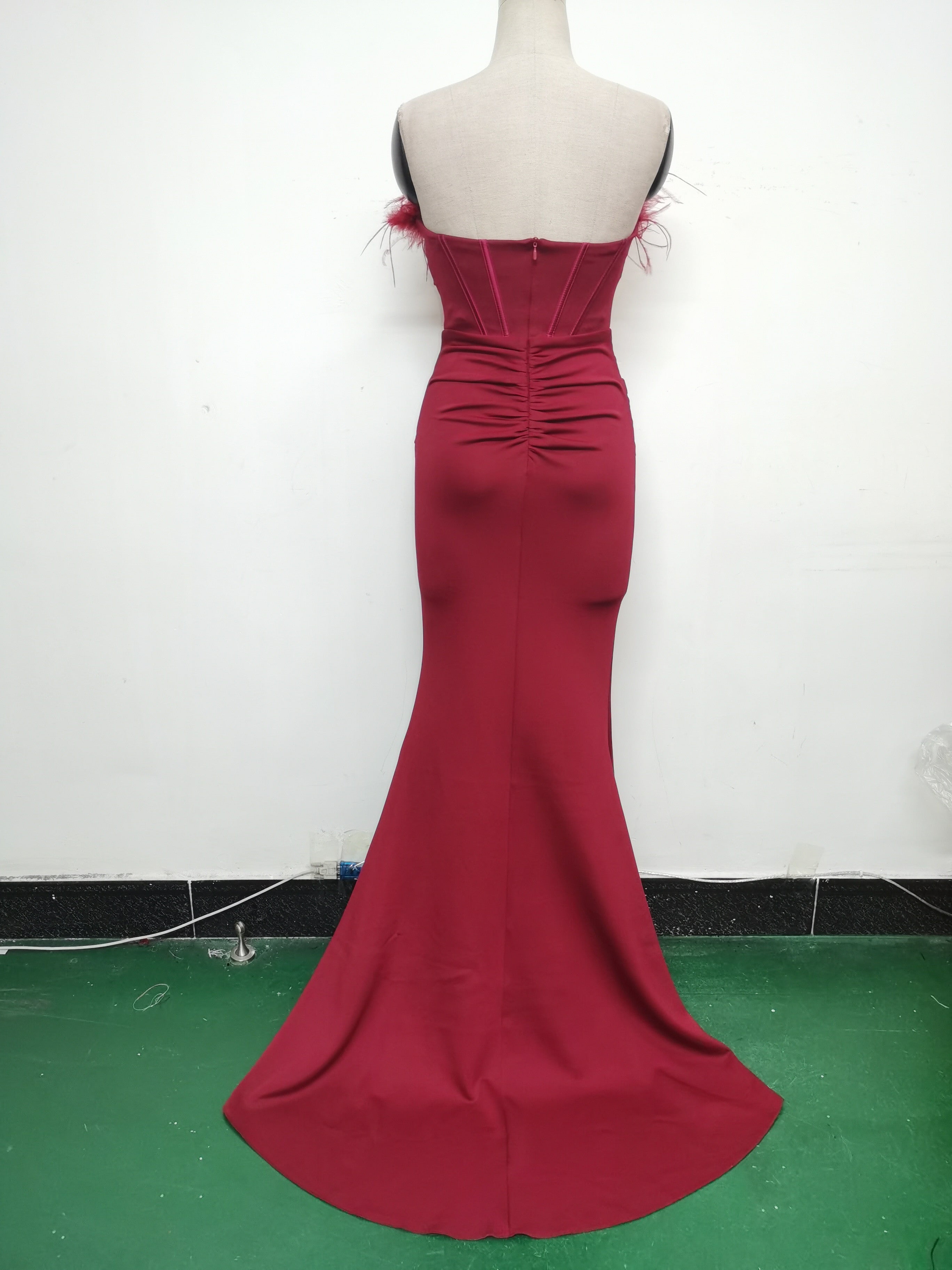 Feather Strapless Herringbone Slim Waist Solid Color Slit Evening Dress 21