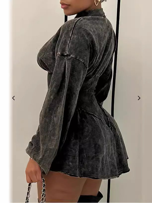 Autumn Winter Printed Gray Slim Waist Long-Sleeved A-Line Mini Dress 4