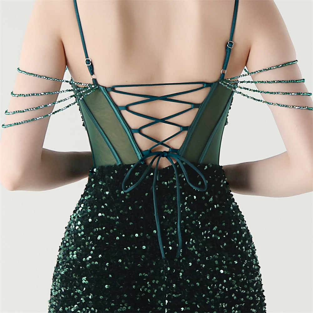 Women herringbone Lace-Up wrapped chest formal Formal Party sequined evening dress 20
