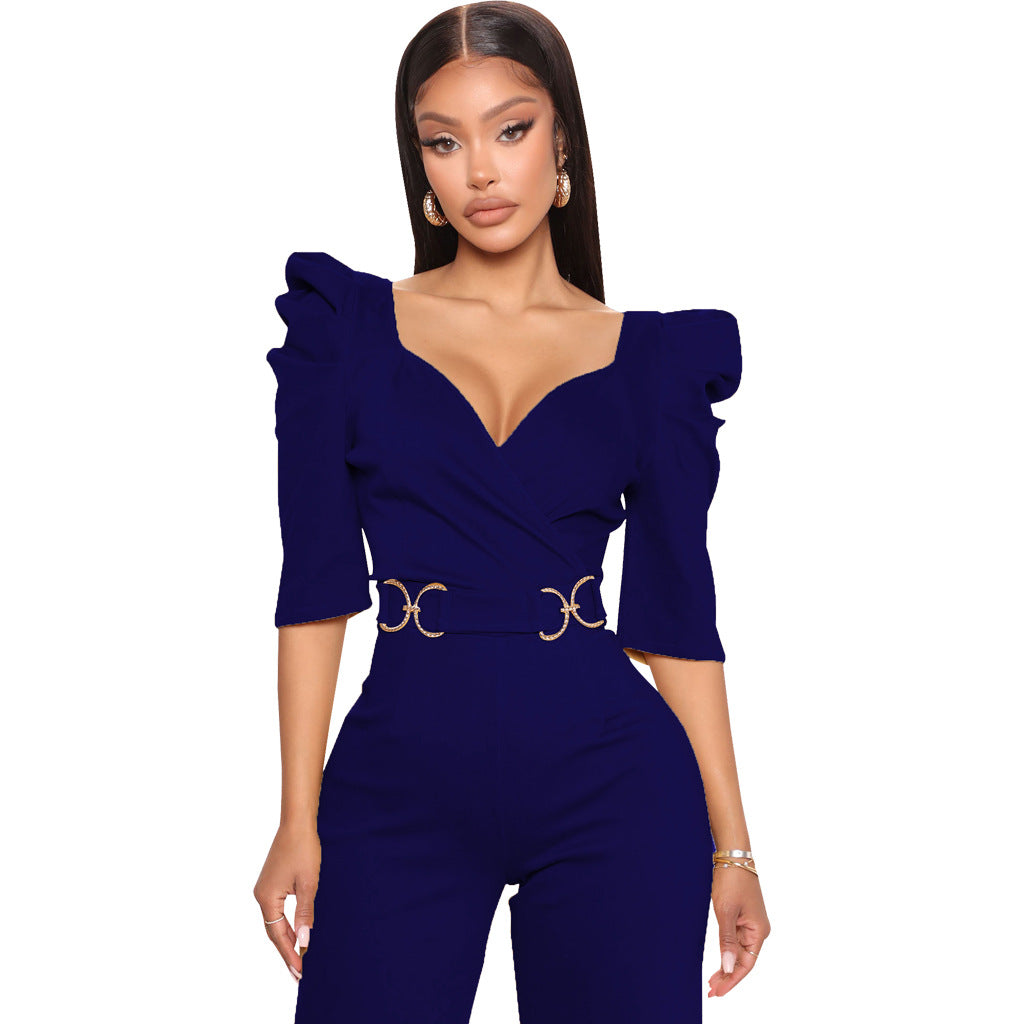Sexy Fashion Solid Color Three-Quarter Sleeve V-Neck Jumpsuit Women's Clothing 9