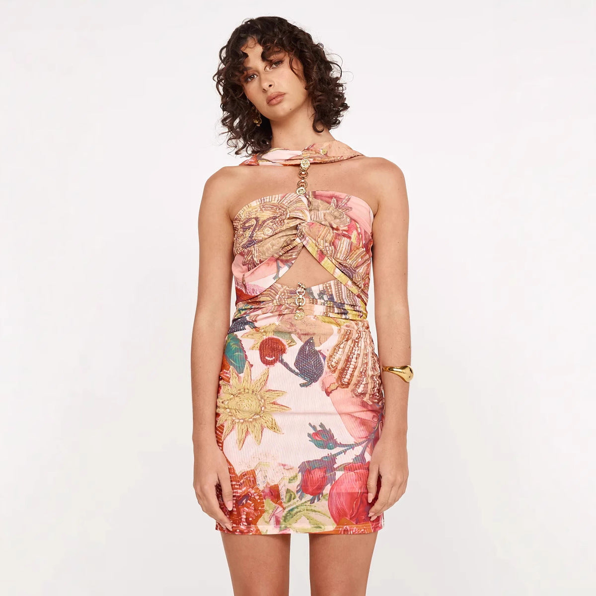 Women Spring Summer Halter Neck Stretchy Casual Holidays Printed Dress 5