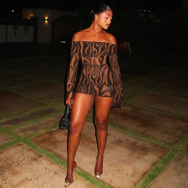 Chic Print Women's Off-Shoulder Long Sleeve Short  odycon Dress