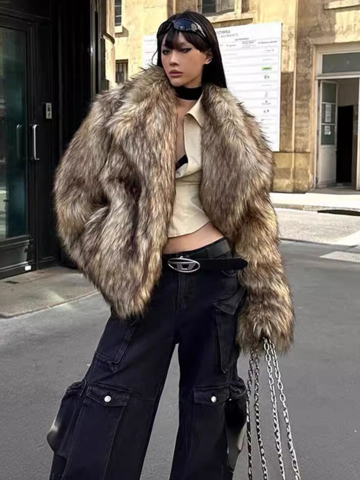 Women's Fur Coat Brown Turndown Collar Environmentally Warm Coat 4