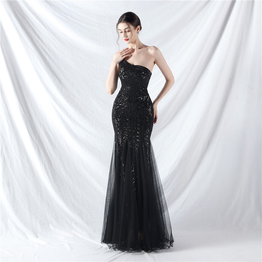 Sexy One Shoulder Sequins Mesh Patchwork Evening Dress 4