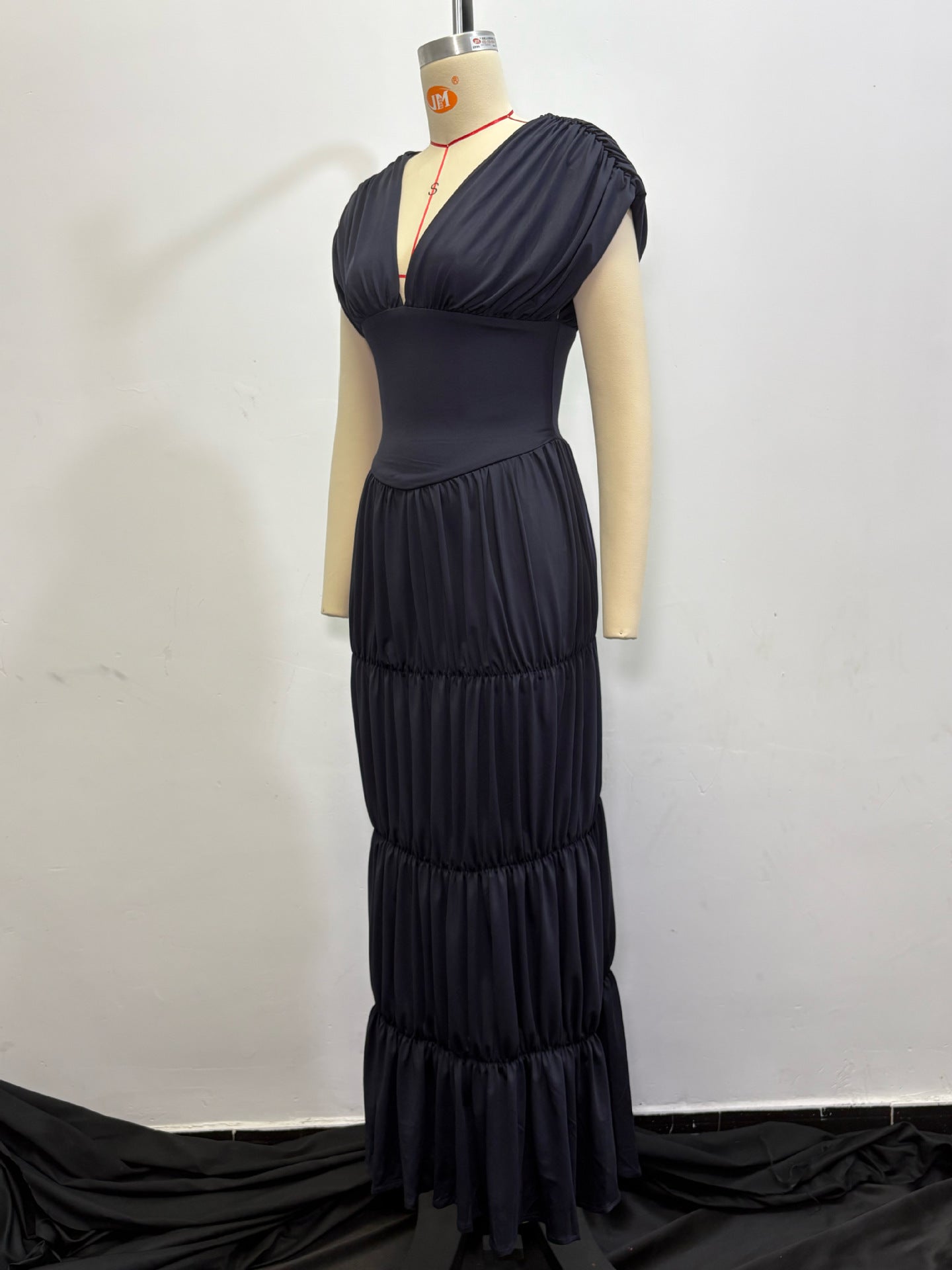 Women Summer Navy V-Neck Puff Sleeve Ruffle Dress 9