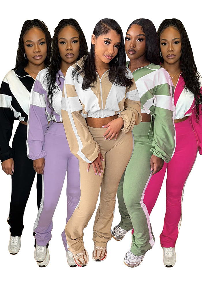 Women’s Casual Sportswear Color Block Slim Waist Two-Piece Jogger Set