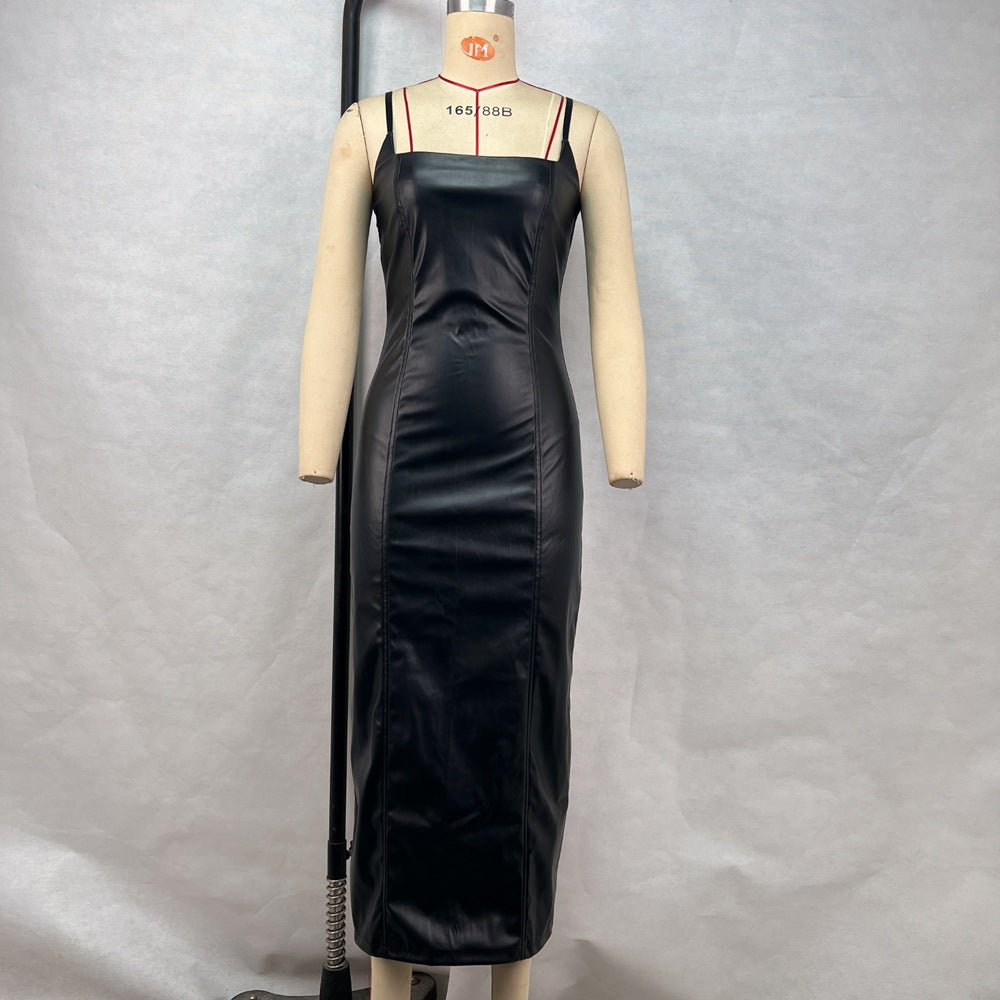Women Spring Summer Pu-Leather Suspender Zipper Bodycon Dress 6