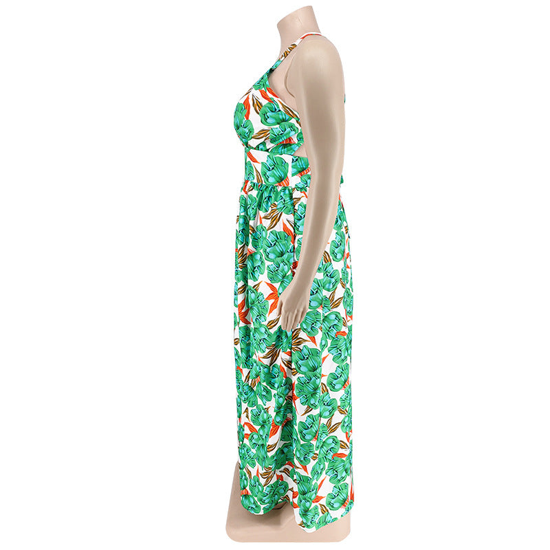 Plus Size Women's Summer Sexy Halter Low Back Print Slit Maxi Dress 14