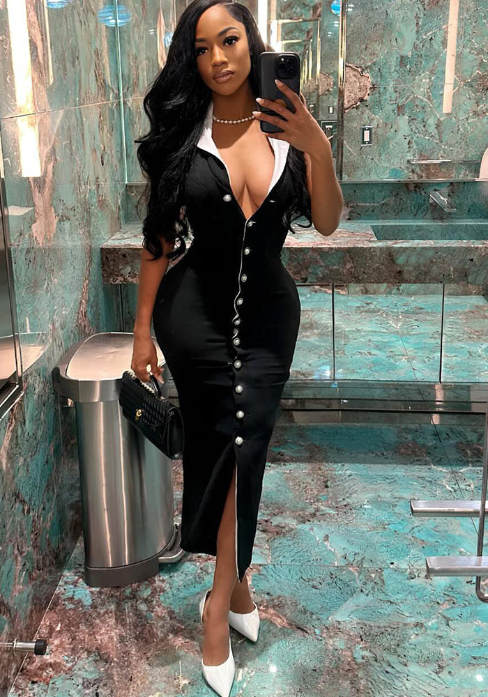 Women Elegant Contrast Button African Dress