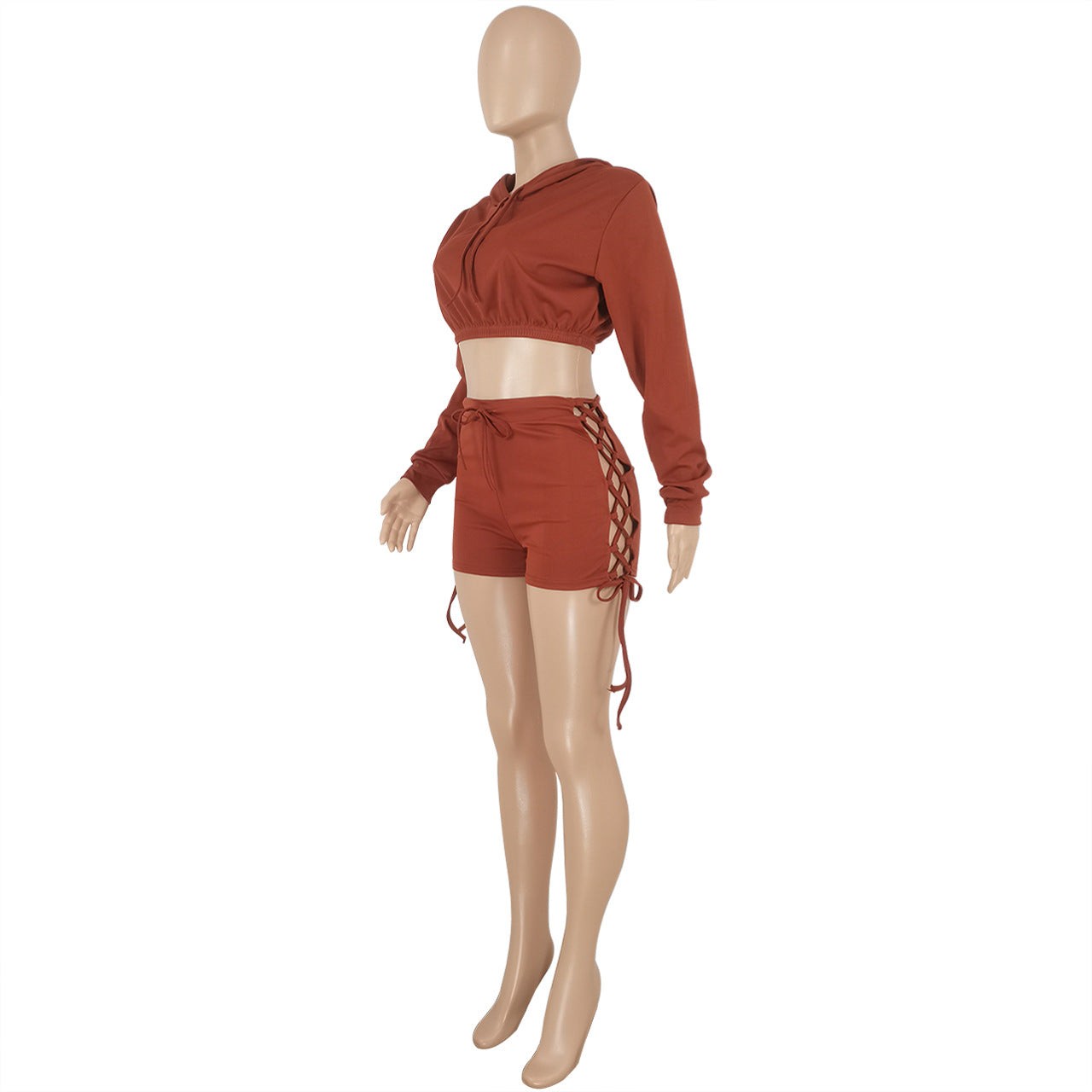 Women Casual Solid Lace-Up Drawstring Long Sleeve Top and Short Two-Piece Set 12