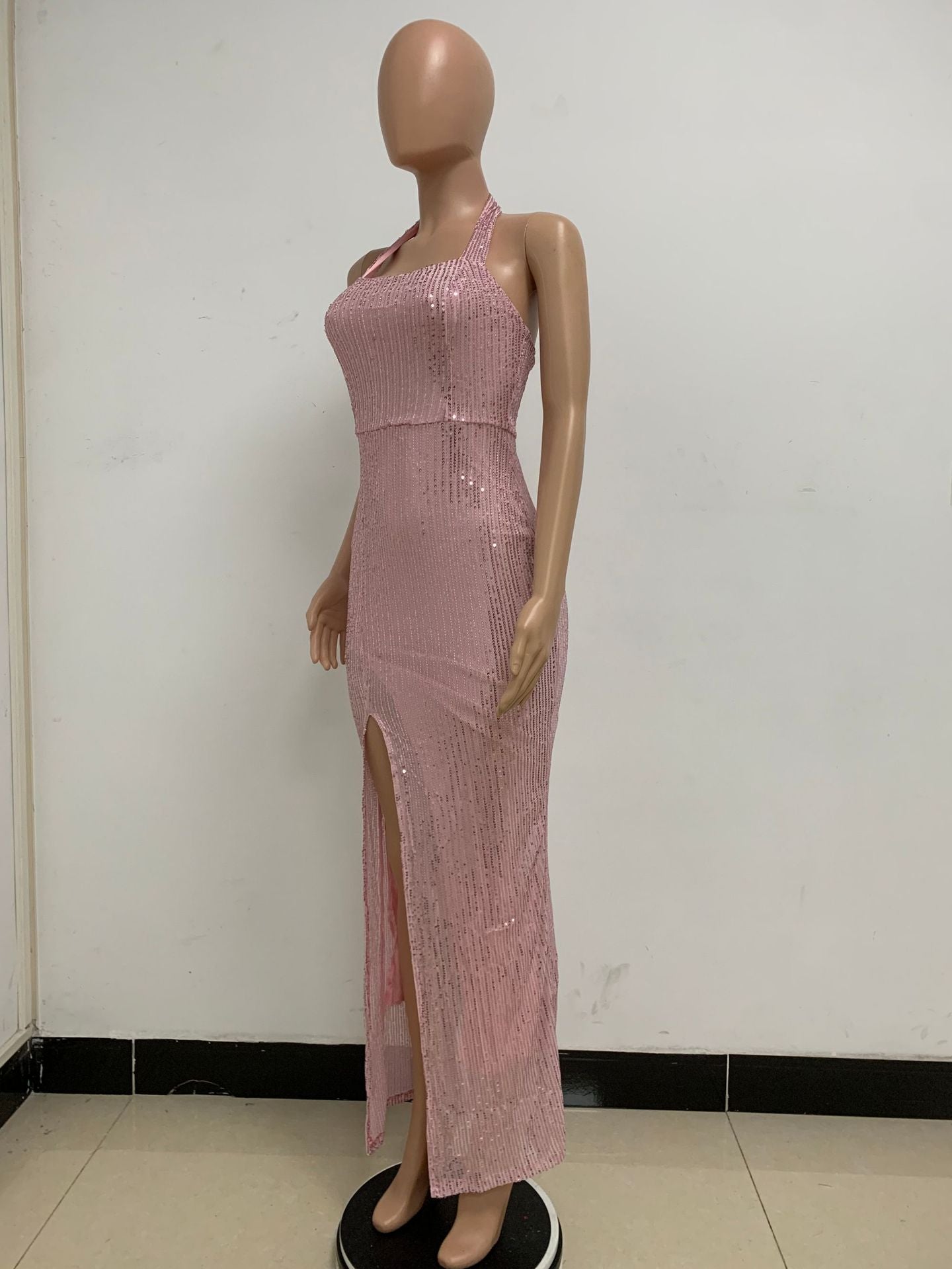 Women Sleeveless Halter Neck Backless Sequin Slit Evening Dress 81