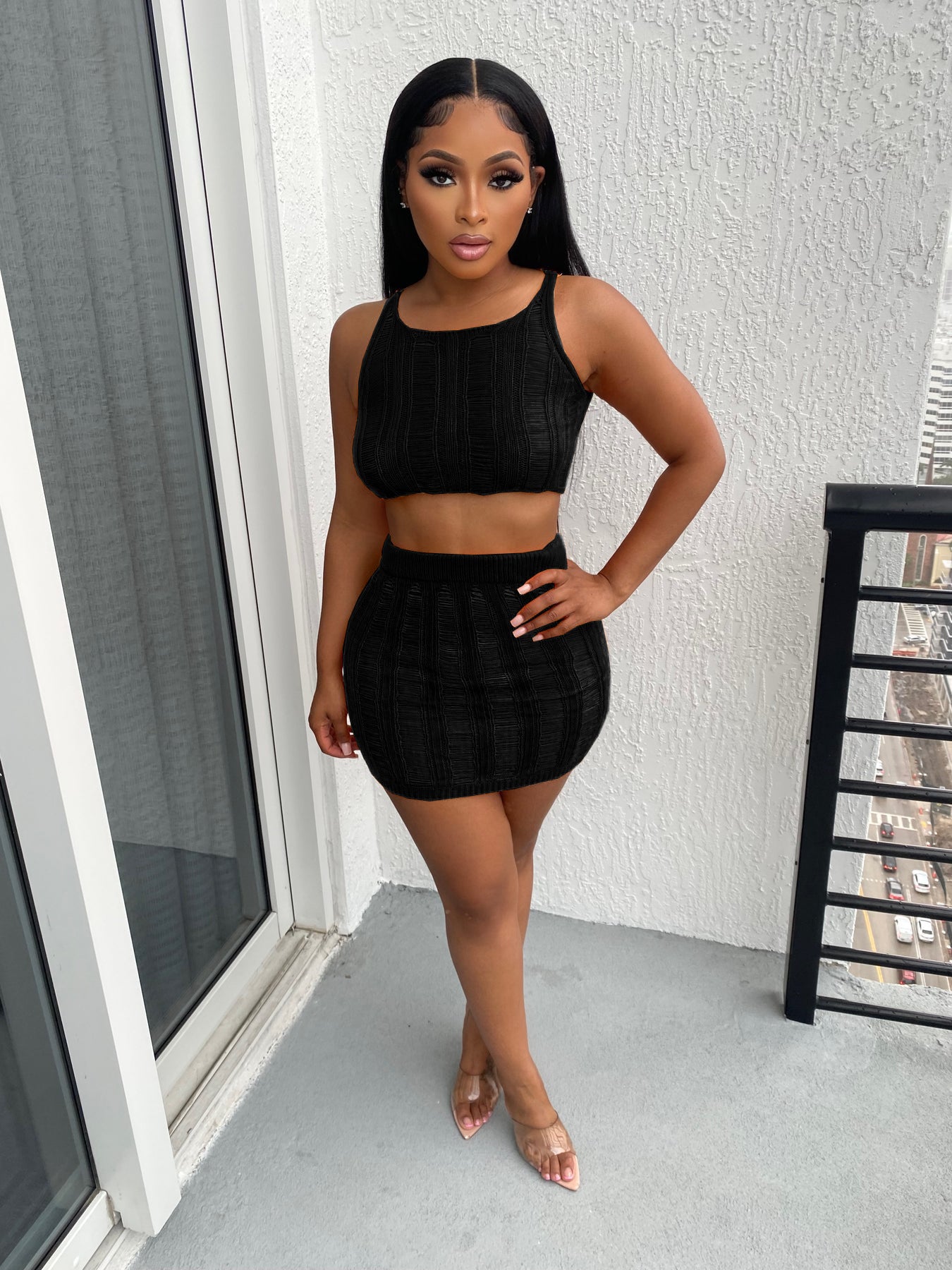 Women Sexy Knitting Hollow Tank Top and Skirt Two-piece Set 3