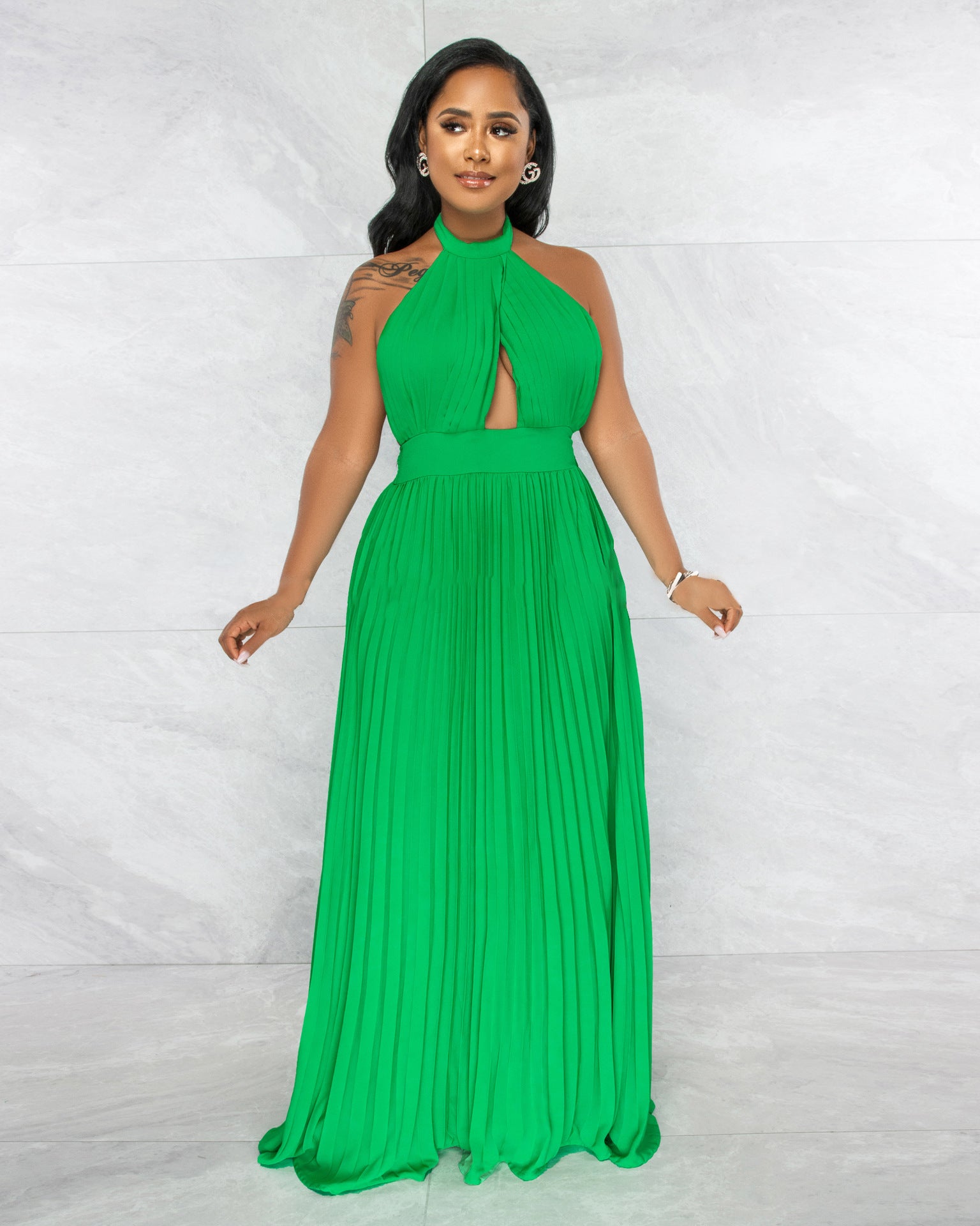 Sexy Halter Low Back Straps Solid Color Chiffon Pleated Dress