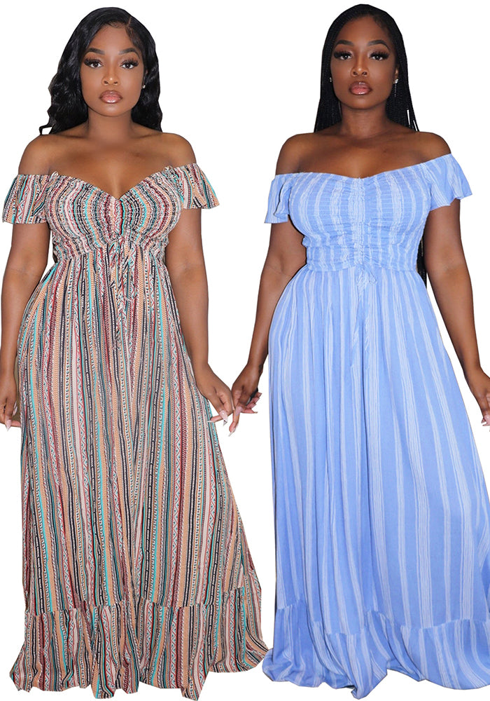 Women Spring Summer Striped Print Off Shoulder Lace-up Dress