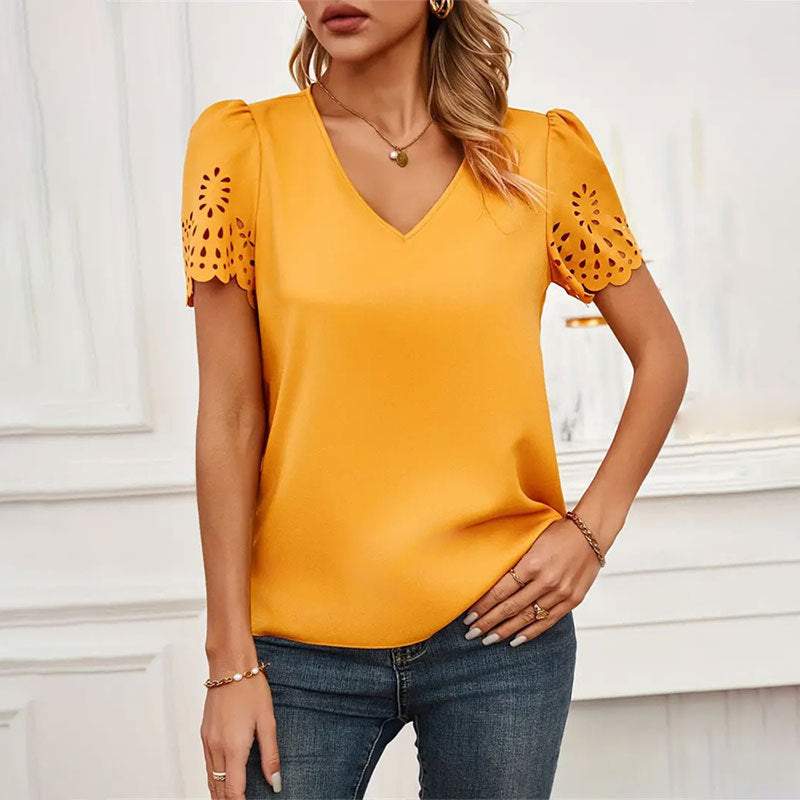 Women's Career Hollow short-sleeved tops v-neck solid color t-shirts