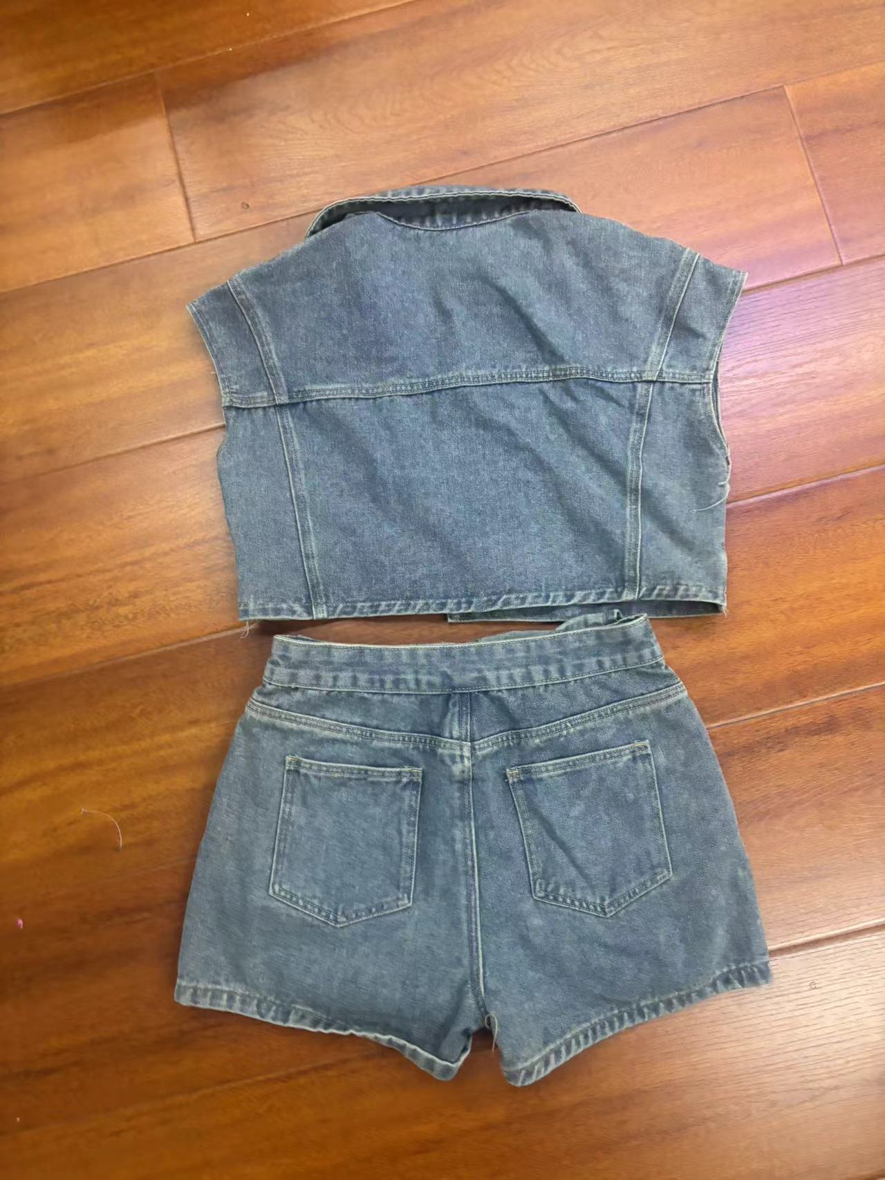 Women's fashion casual elastic denim color matching two-piece shorts set 10