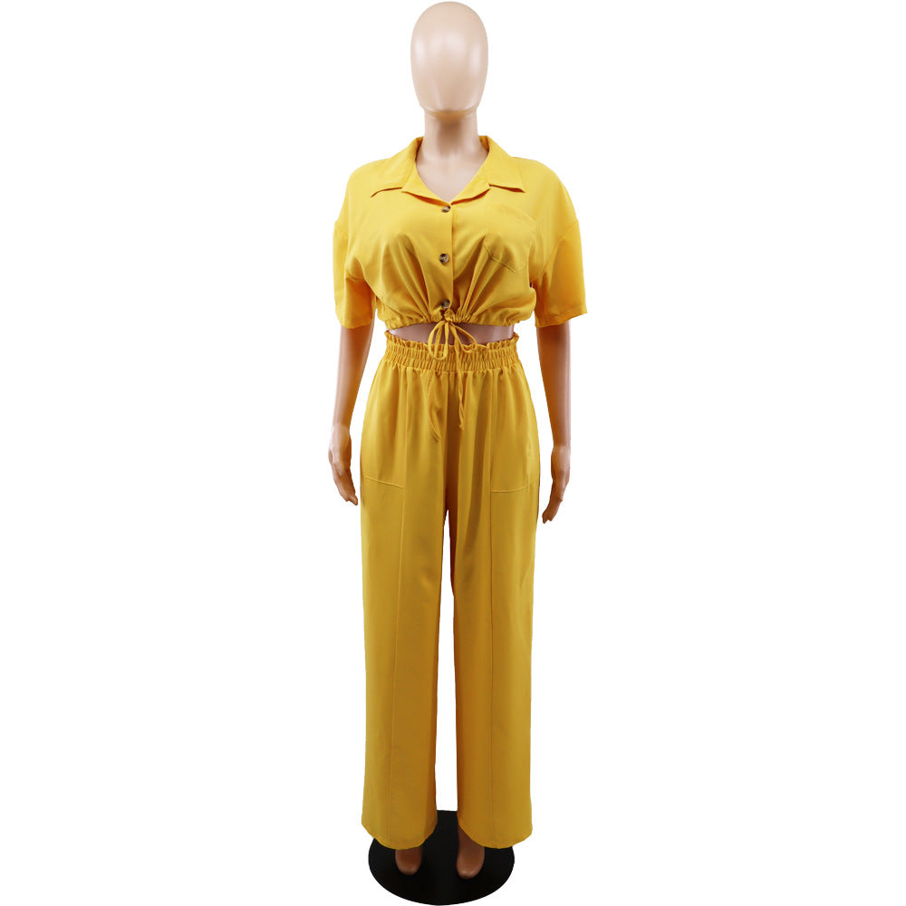 Women Short Polo Collar Crop Top and Pants Two-Piece Set 15