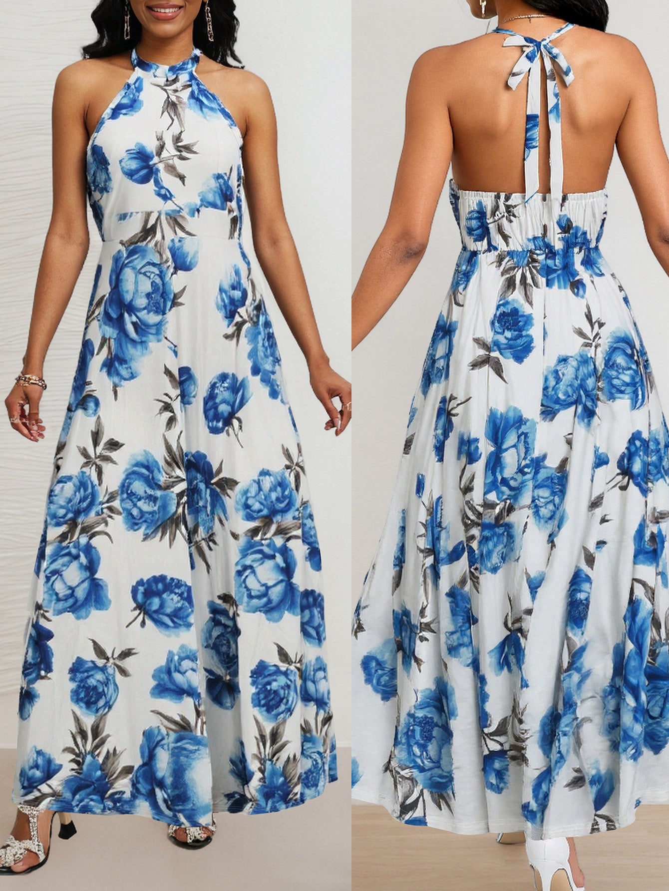 Women's Fashion Elegance Halter Neck Sleeveless A-line Long Dress 3