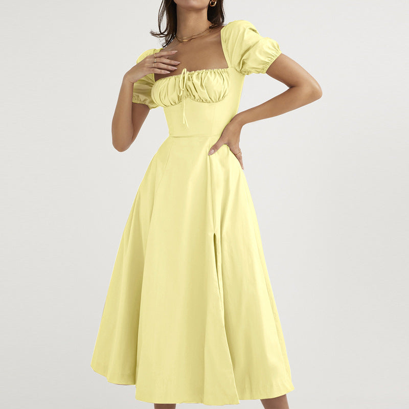 Spring Summer Dress Women's Slimming Off Shoulder Puff Sleeve Tie Slit Long Dress 11