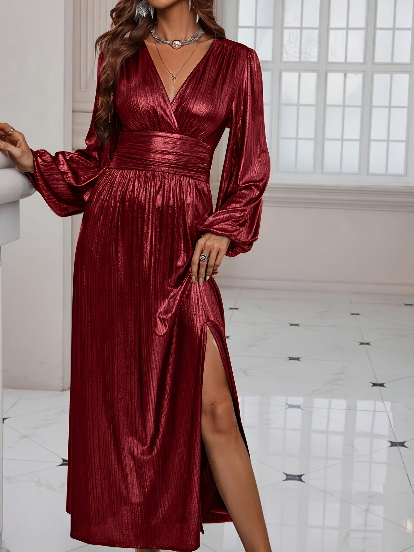 Women's V-Neck Slit Shiny Long Sleeve Midi Dress 5