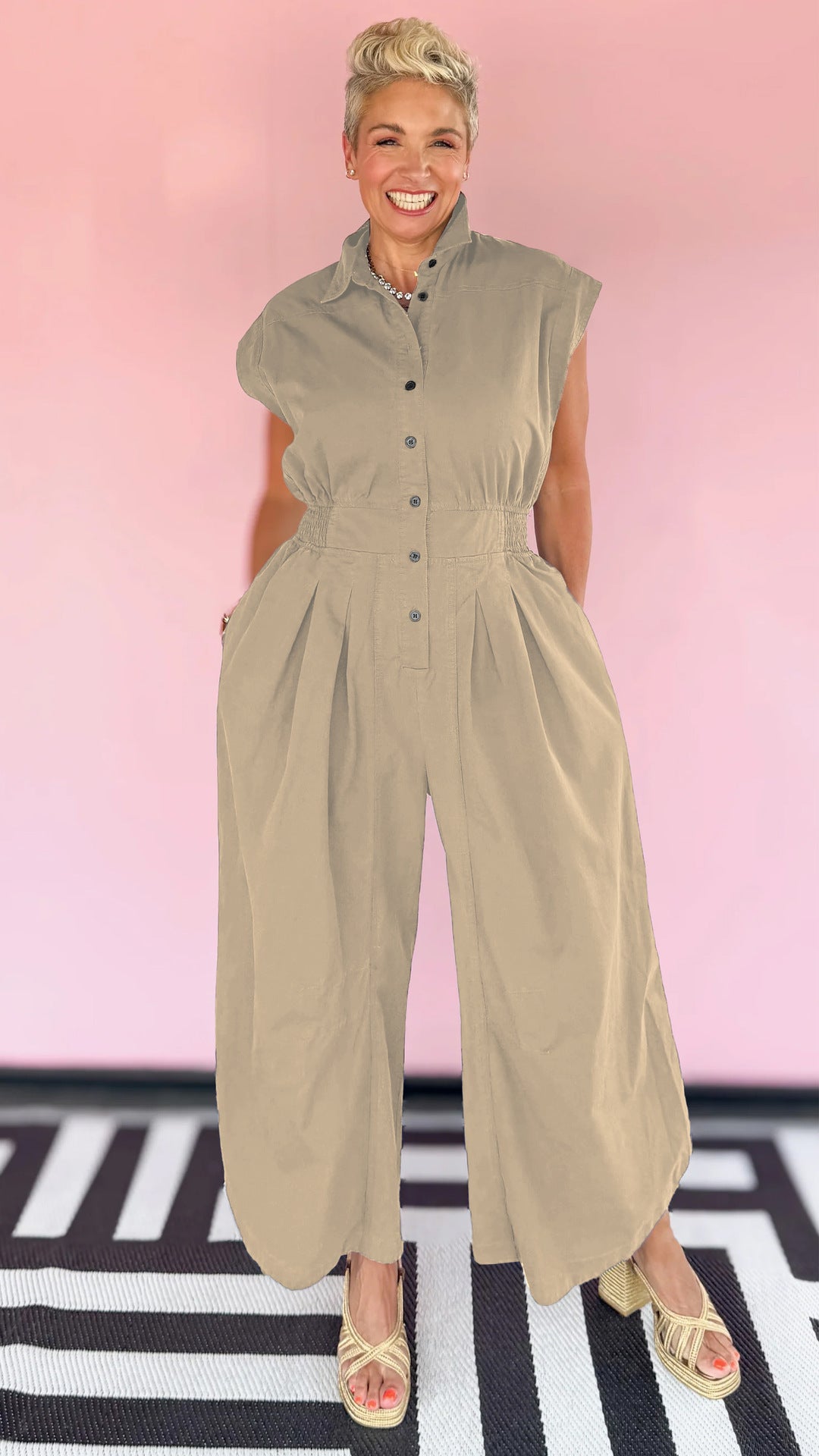 Casual Career Turn-Down Collar Sleeveless Button-Down Cargo Pocket Jumpsuit 5