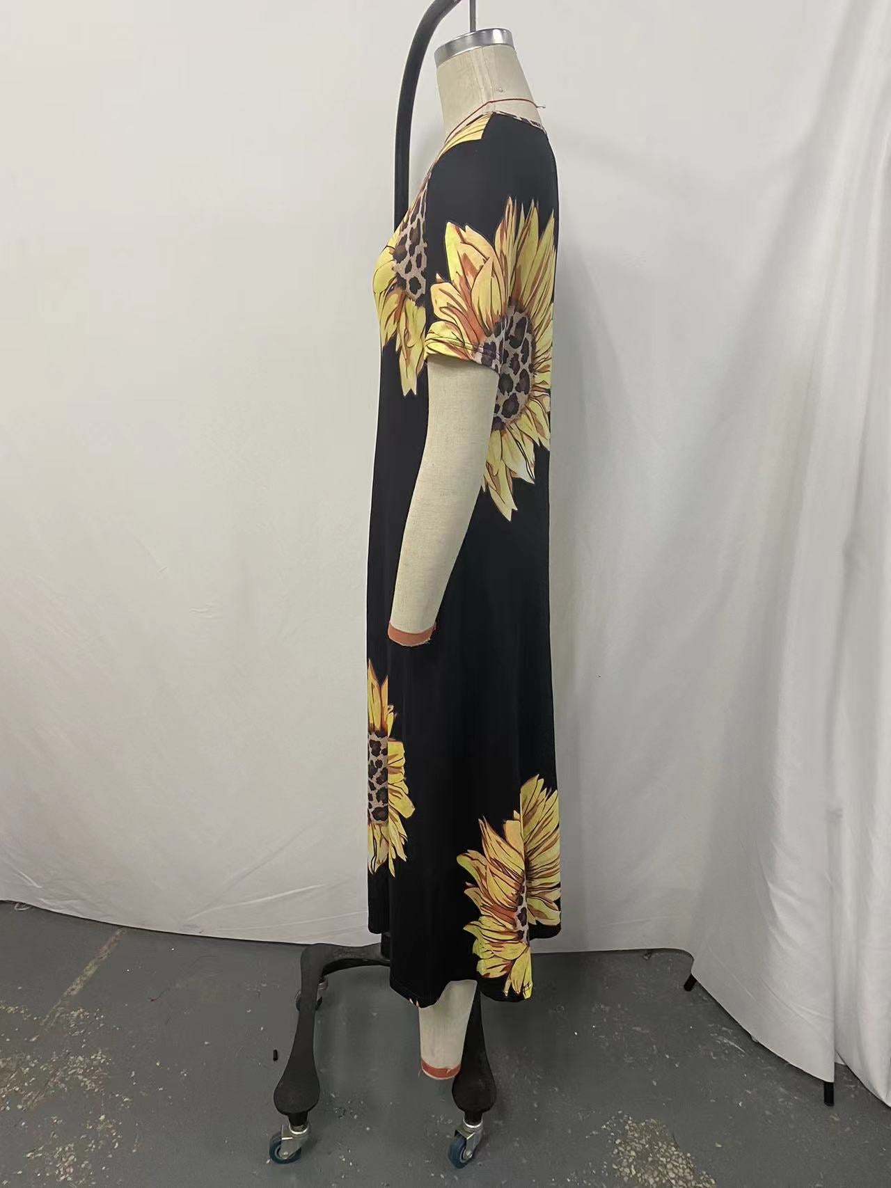 Sunflower Print Loose Short Sleeve Summer Long Dress 14