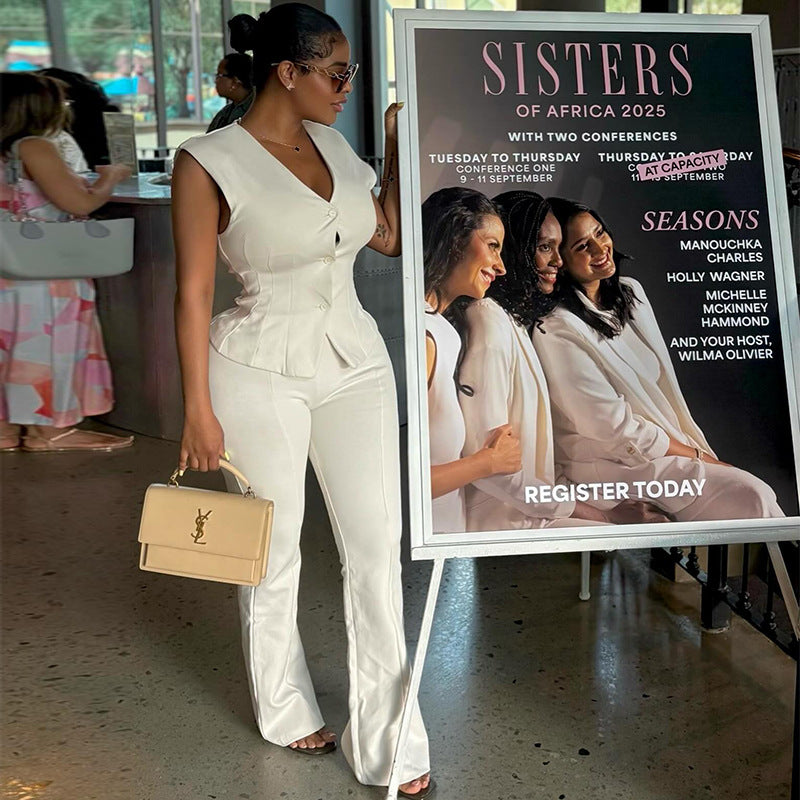 Women's Autumn Fashion V-Neck Button Slim Waist Vest Straight Leg Solid Color Pants Set 3