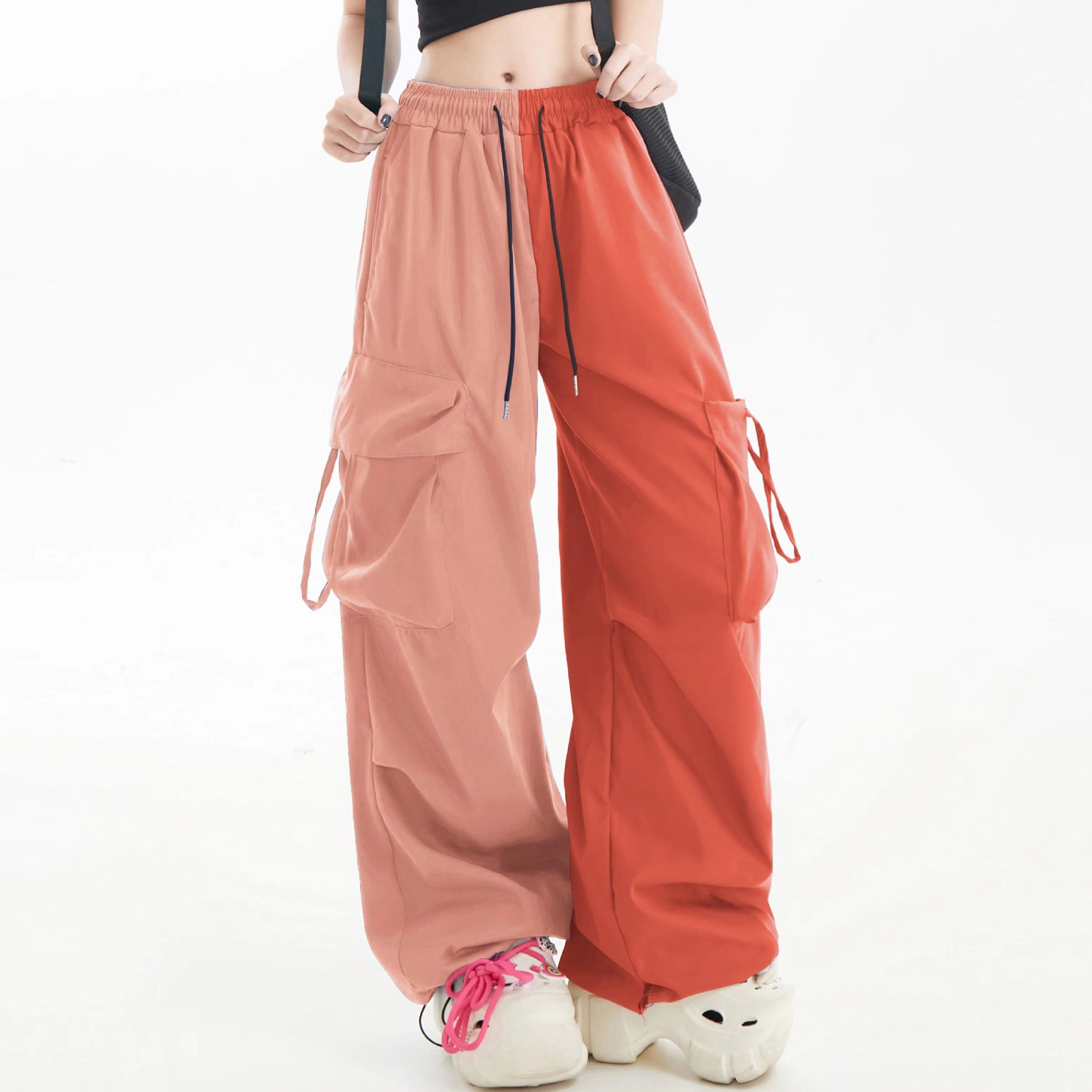 American Contrast Color Loose Wide Leg Cargo Pants Hip Hop Color Matching Fashion Casual Sports Trousers for Women 12
