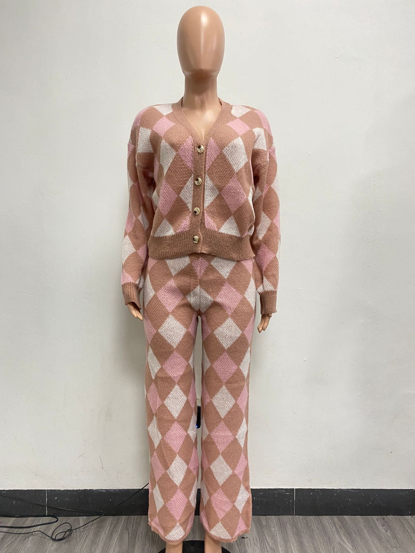 Autumn And Winter Women's Knitting Cardigan Sweater Pants Two-Piece Suit 12