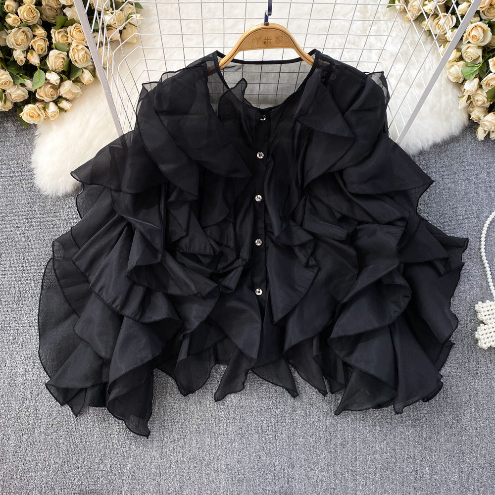 Women Round Neck Irregular Lotus Long Sleeve Casual Top Shirt 10