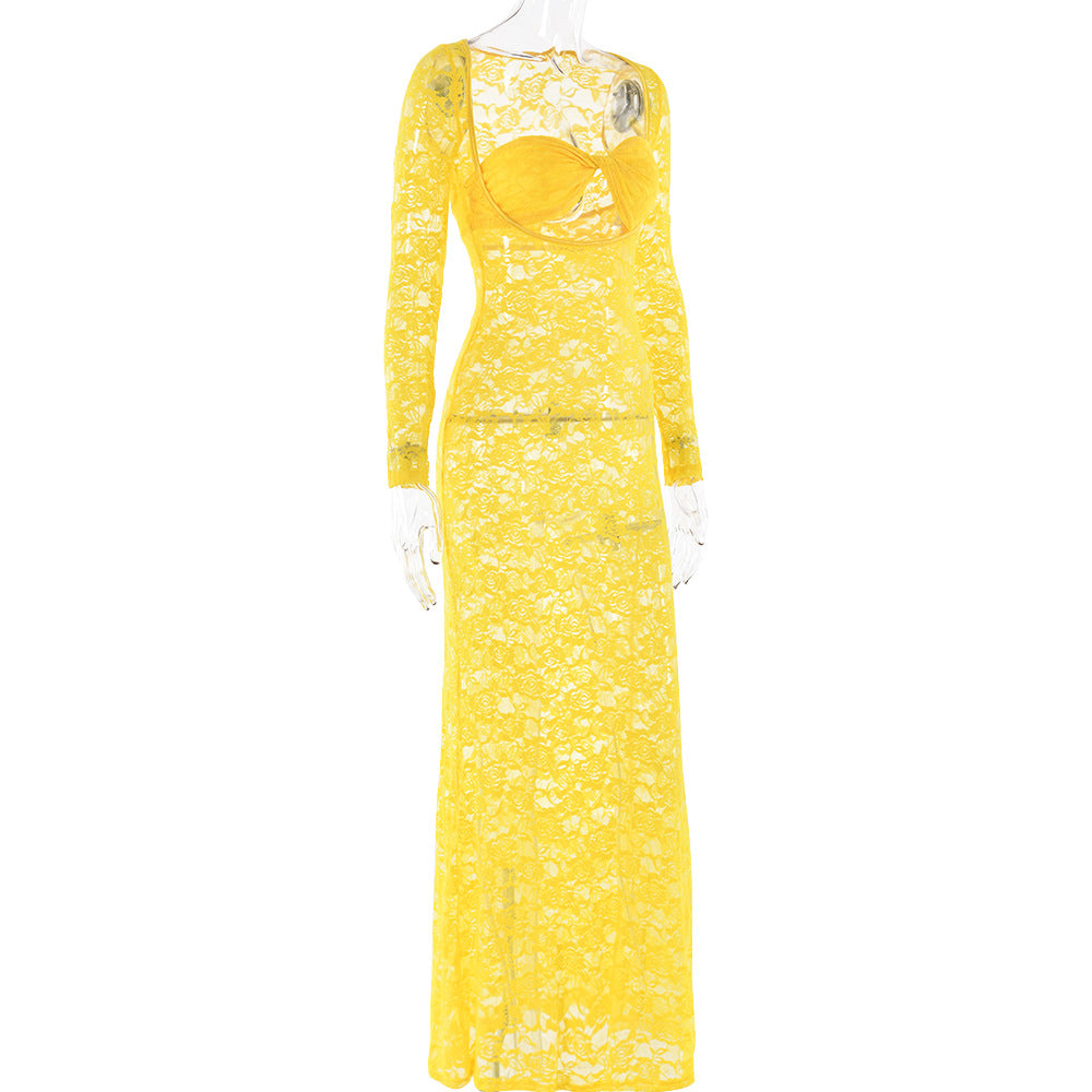 Women sexy lace See-Through long-sleeved dress 11