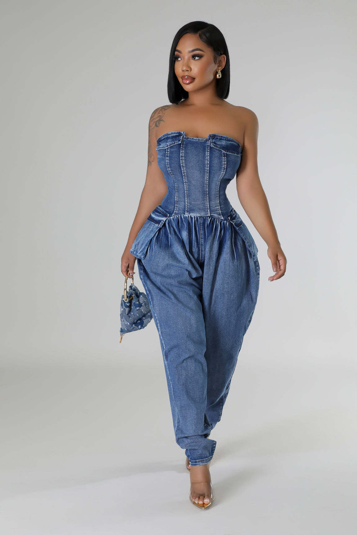Women Strapless Stretch Denim Jumpsuit