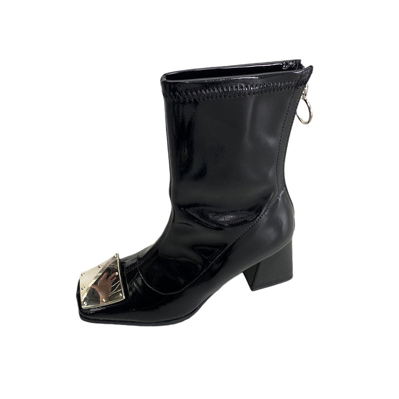 Patent Leather Square Toe Chunky Heel Short Boots for Women Autumn Suede Metal Buckle Martin Boots Back Zipper High Heel Naked Boots 7